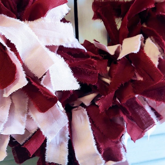 Hand Crafted Pink Maroon Wine Rag Heart Wreath, Shabby Chic, Valentine's Day 15" - Picture 6 of 7